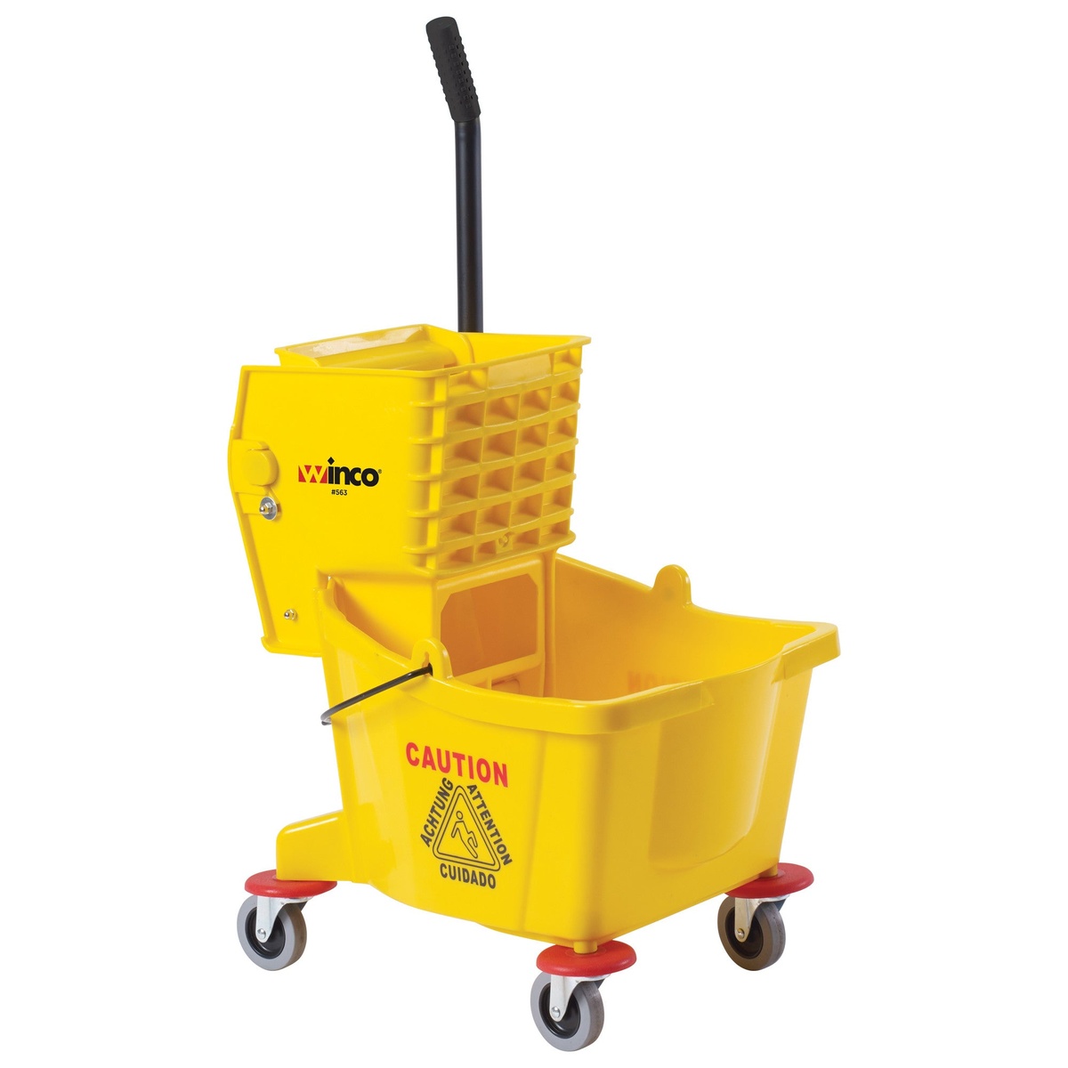 Winco MPB-26 yellow 26-quart mop bucket with side-press wringer and four swivel casters, front angle view