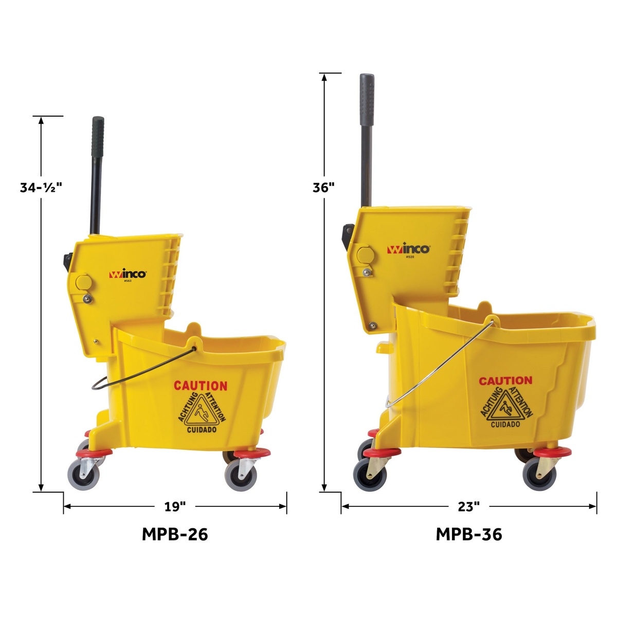 Dimension diagram comparing Winco MPB-26 (34.5 inches tall, 19 inches wide) with the larger MPB-36 model
