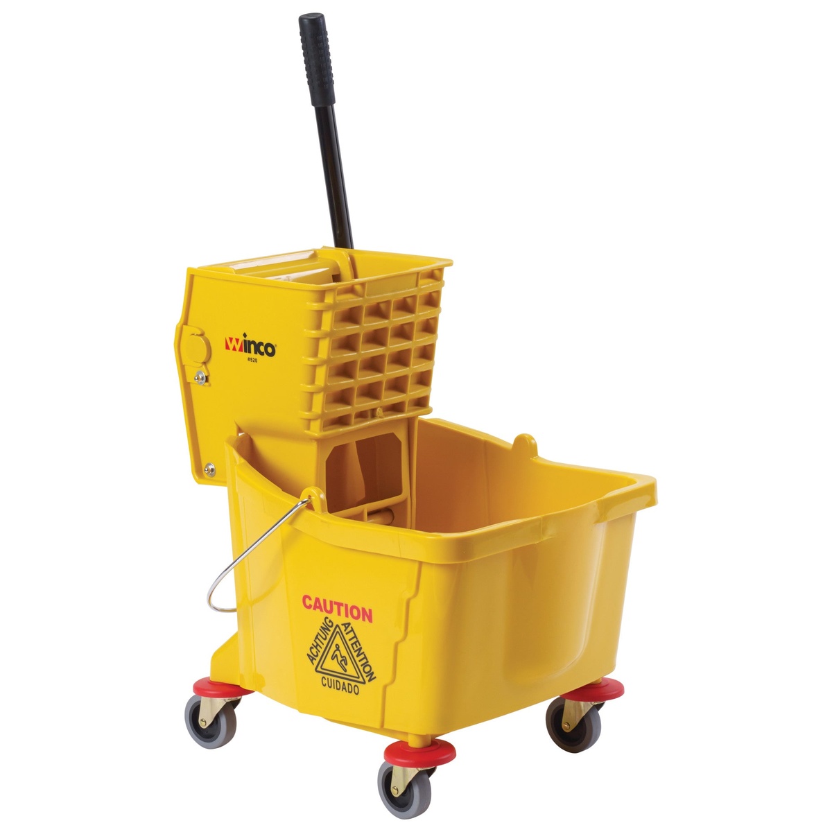 Winco MPB-36 yellow mop bucket with side press wringer and swivel casters, angled view