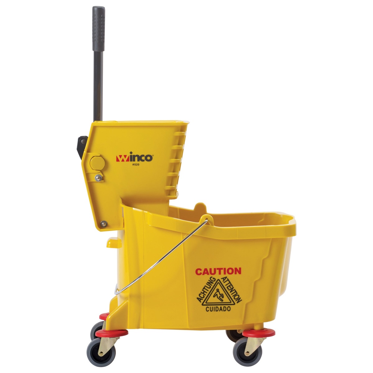 Winco MPB-36 yellow mop bucket with side press wringer, side profile view showing casters