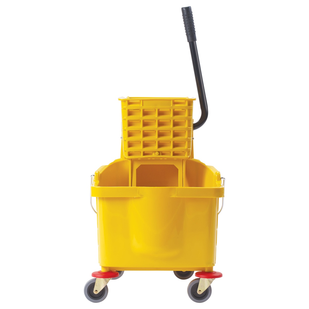 Winco MPB-36 yellow mop bucket front view showing open wringer basket and four swivel casters