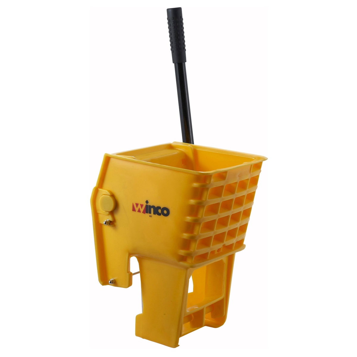 Winco MPB-36W yellow side-press mop wringer with black rubber-grip handle, product view on white background