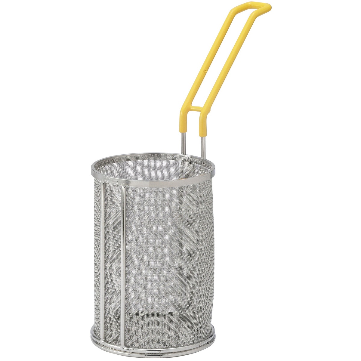 Winco MPF-57 cylindrical super fine stainless steel mesh pasta basket with yellow ergonomic handle