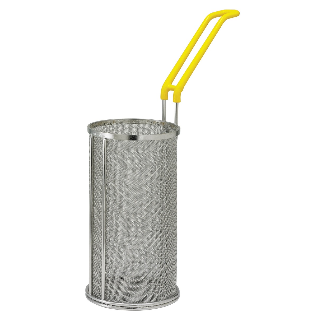 Winco MPF-59 cylindrical stainless steel pasta basket with super fine mesh body and yellow ergonomic handle