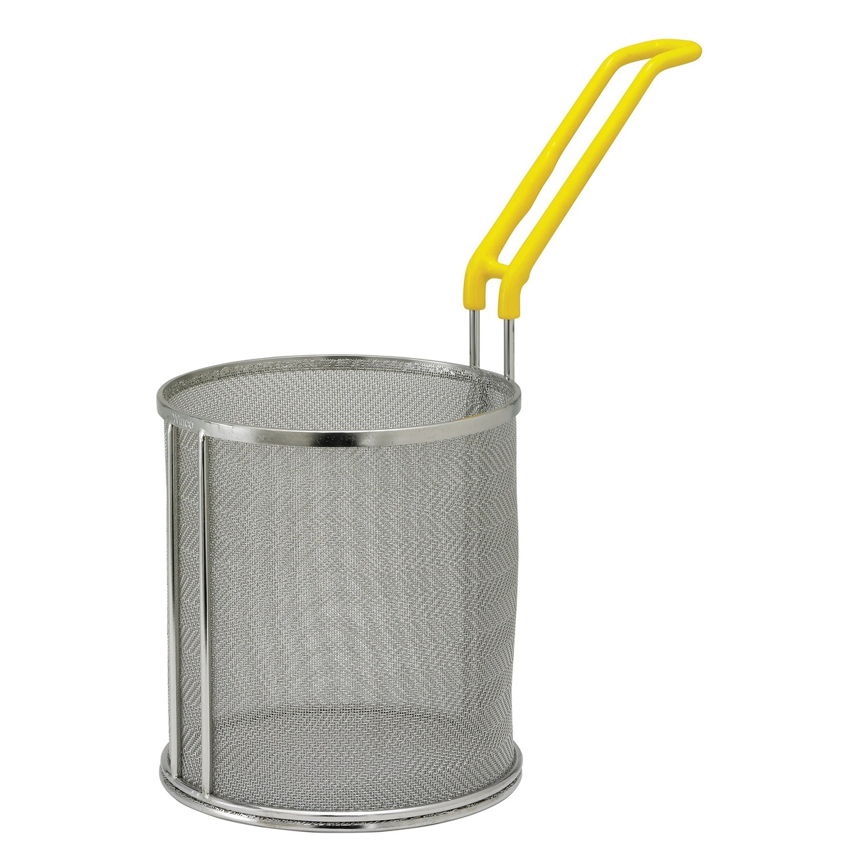 Winco MPF-67 cylindrical super fine mesh stainless steel pasta basket with yellow ergonomic handle