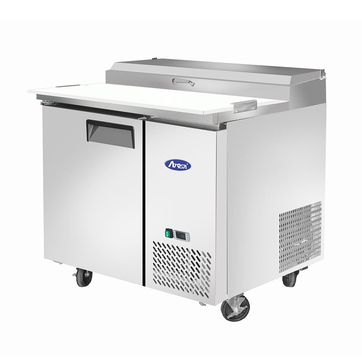 Atosa MPF8201GR refrigerated pizza prep table angled three-quarter view showing side-mounted compressor vent