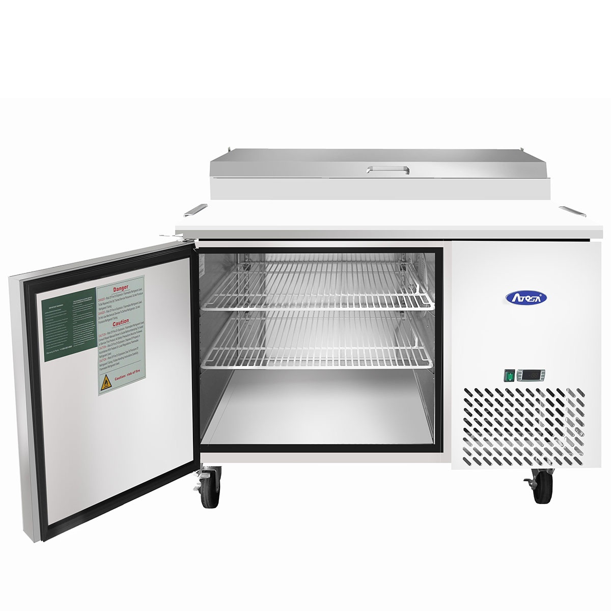 Atosa MPF8201GR pizza prep table door open revealing two pre-installed wire shelves and stainless steel interior