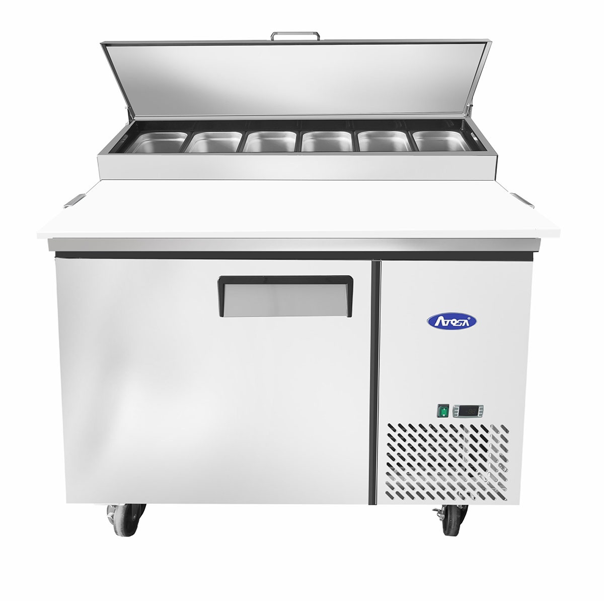 Atosa MPF8201GR pizza prep table with refrigerated rail lid open showing six 1/3-size stainless steel pans