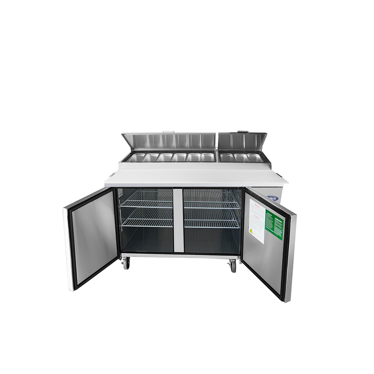 Atosa MPF8202GR pizza prep table with both doors open showing four adjustable wire shelves in the stainless steel interior