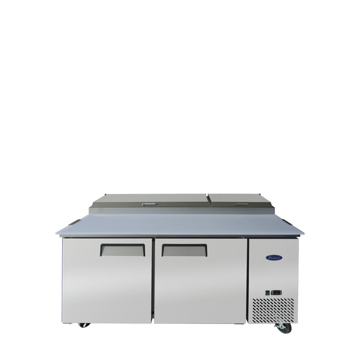 Atosa MPF8202GR refrigerated pizza prep table front view with lids closed showing full stainless steel exterior and casters