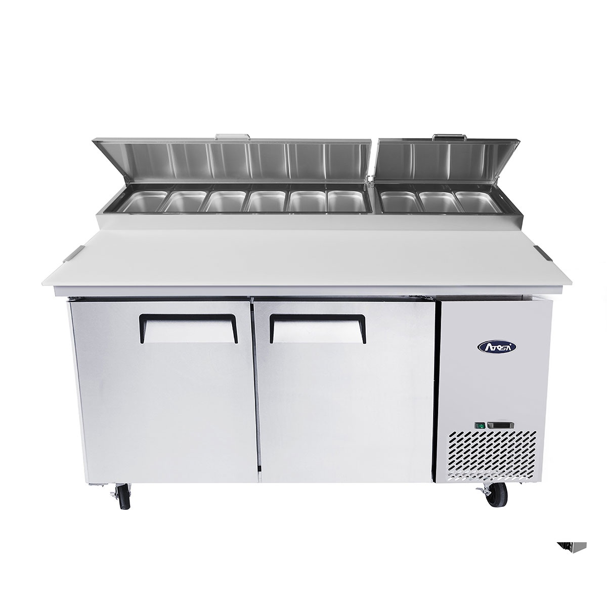 Atosa MPF8202GR pizza prep table front view with both hinged lids open revealing nine third-size stainless steel pans
