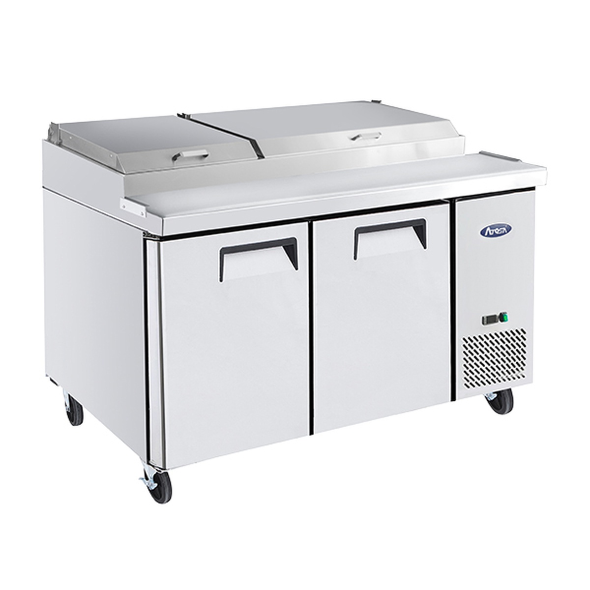 Atosa MPF8202GR 67-inch refrigerated pizza prep table angled view showing two doors and side-mount compressor