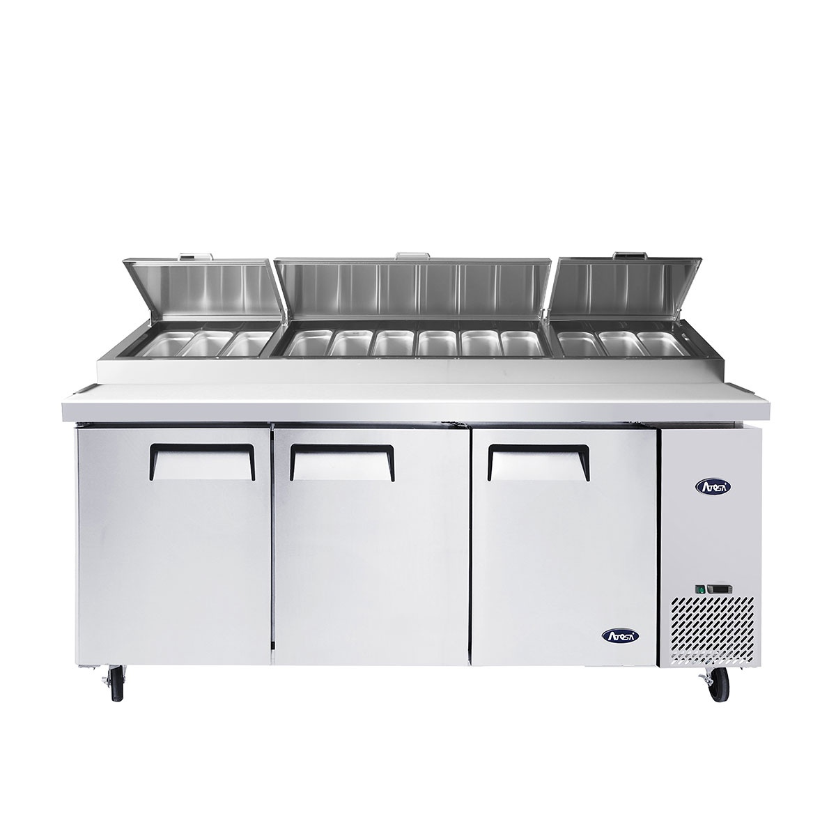 Atosa MPF8203GR pizza prep table front view with topping rail lids open and stainless steel pans loaded