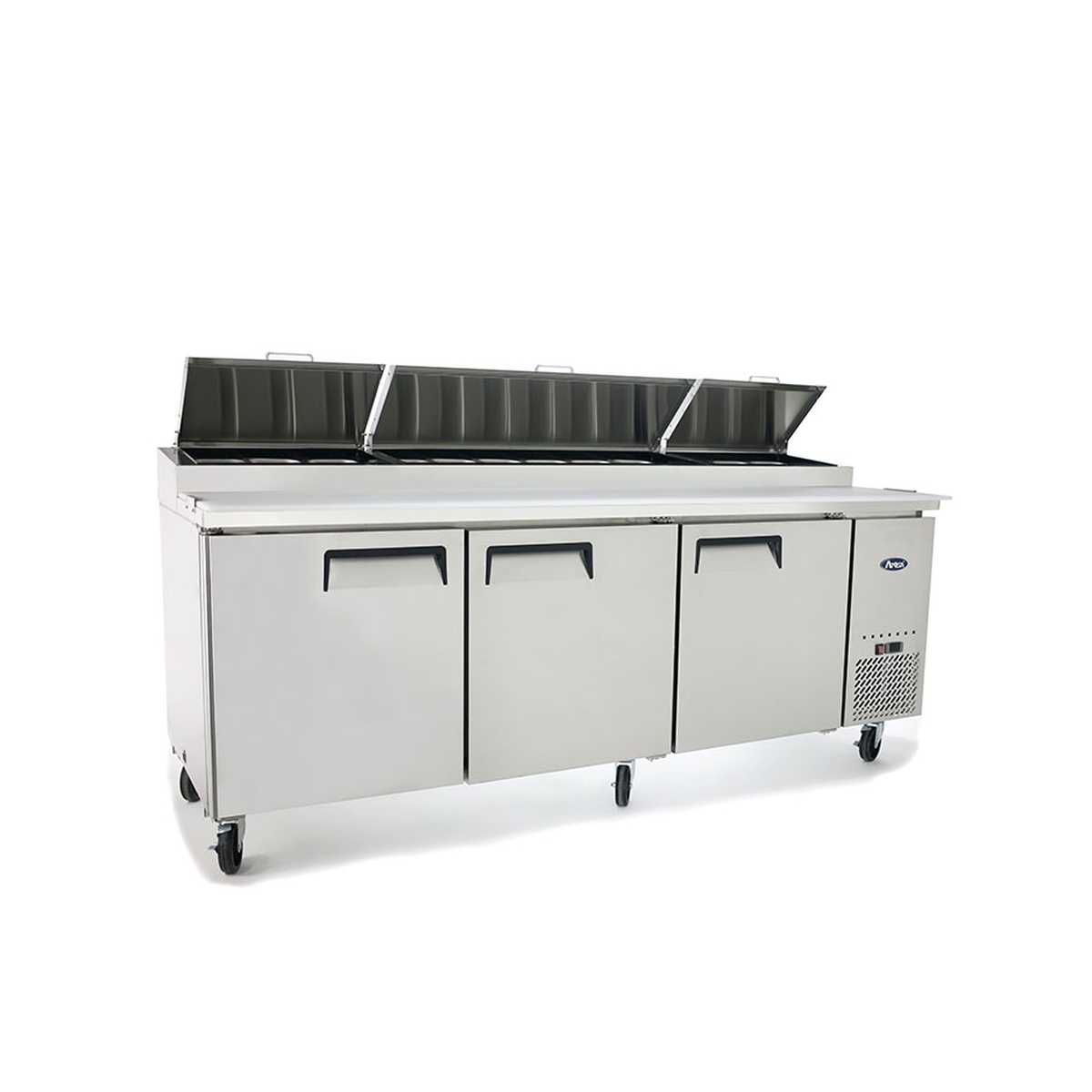 Atosa MPF8203GR pizza prep table with three topping rail lids open revealing pan wells