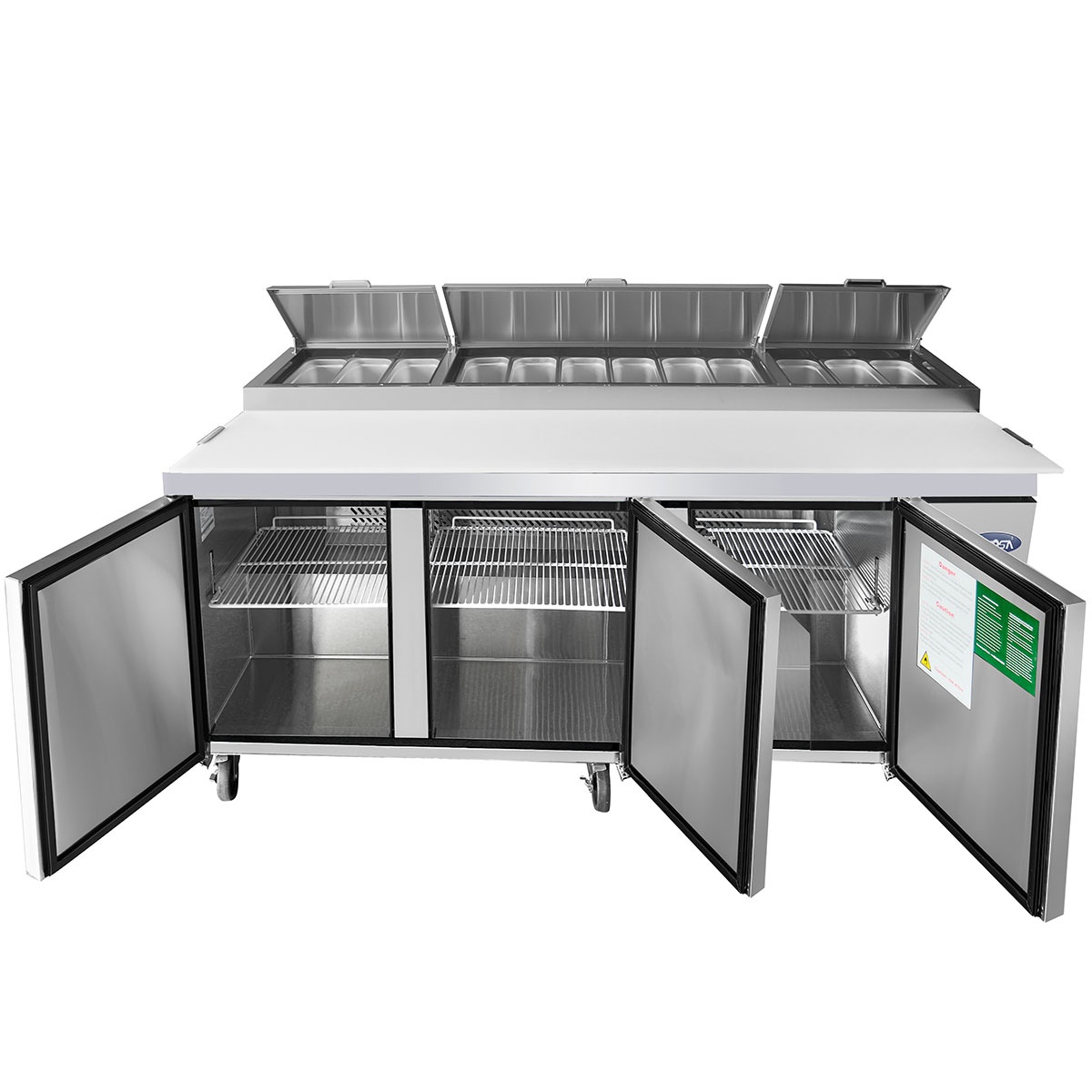 Atosa MPF8203GR pizza prep table with all three doors open showing stainless steel interior and wire shelves