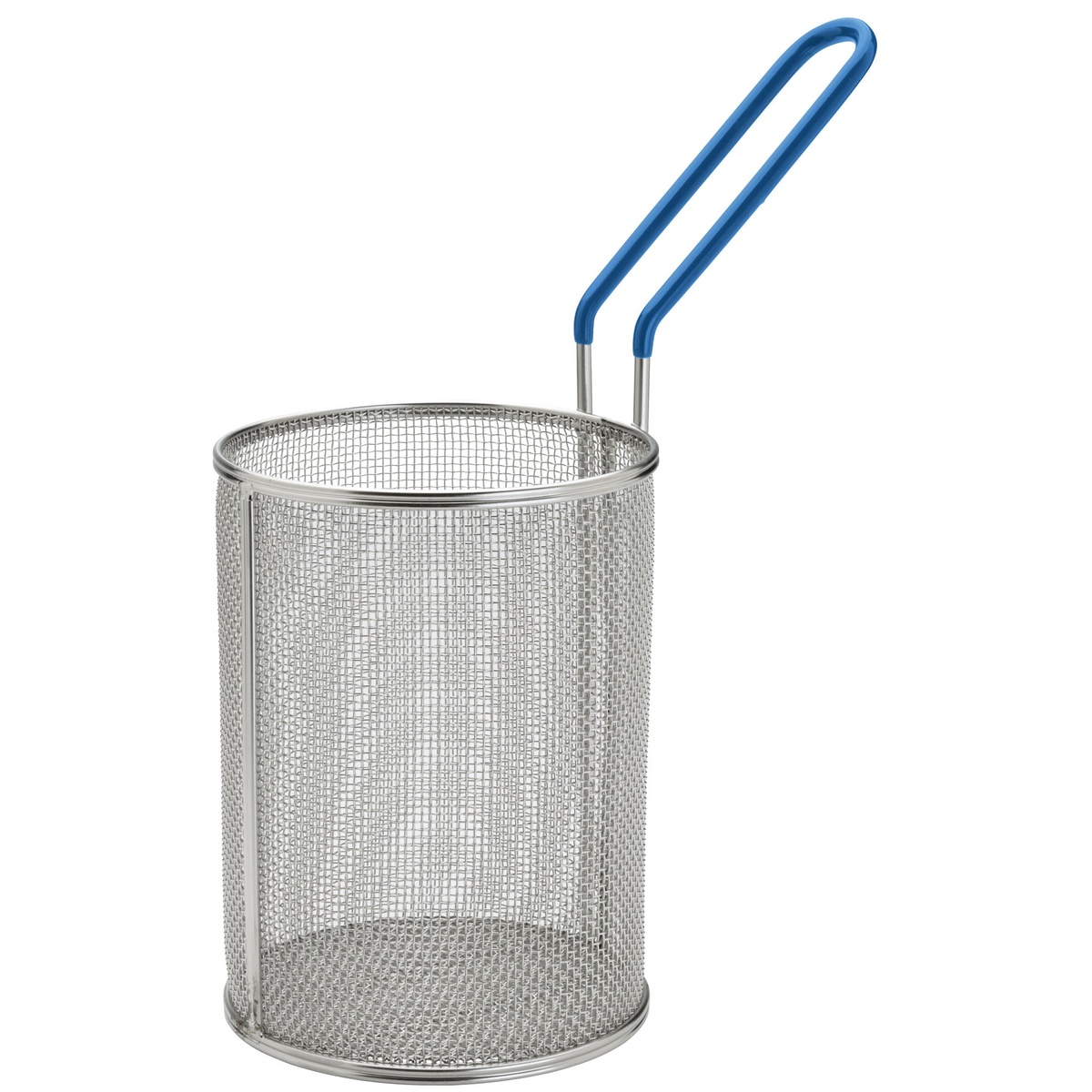 Winco MPN-57 stainless steel pasta basket with fine mesh body and blue coated handle, 5-1/4 inch diameter by 7 inch height