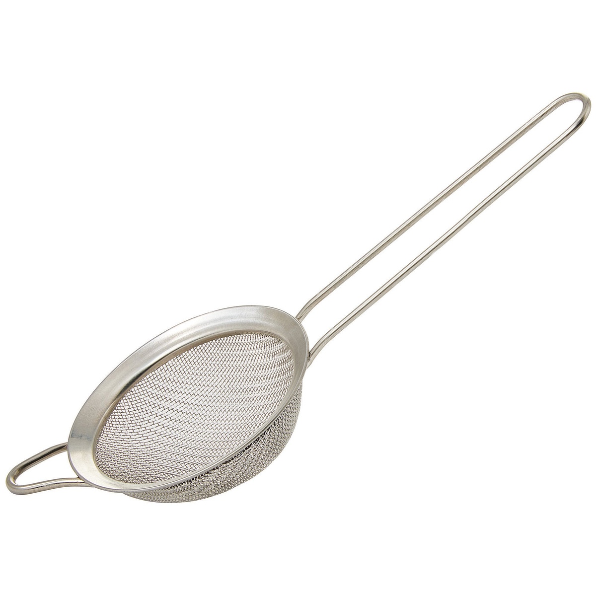 Winco MS2K-3S 3-inch stainless steel fine mesh strainer with elongated handle on white background