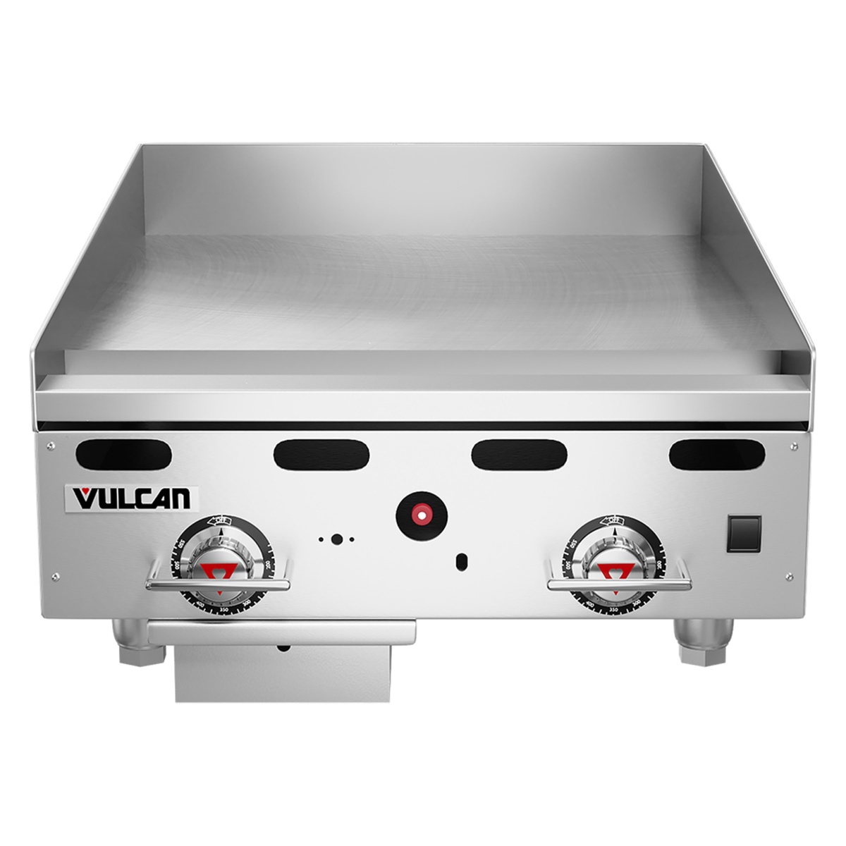 Front view of Vulcan MSA24 griddle with two thermostatic control knobs