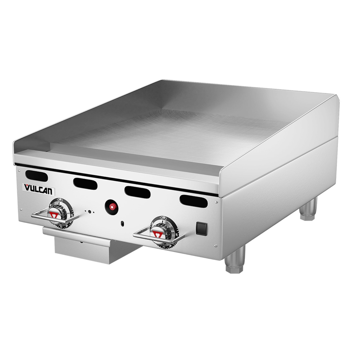 Angled view of Vulcan 24 inch liquid propane griddle showing plate and stainless body