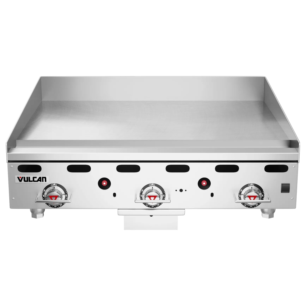 Front view of Vulcan MSA36 countertop gas griddle with three control knobs