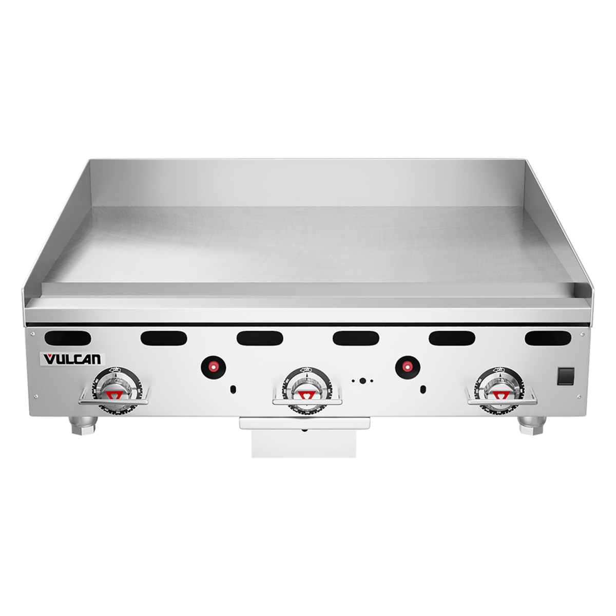 Vulcan MSA36-102 griddle front view with three thermostatic controls
