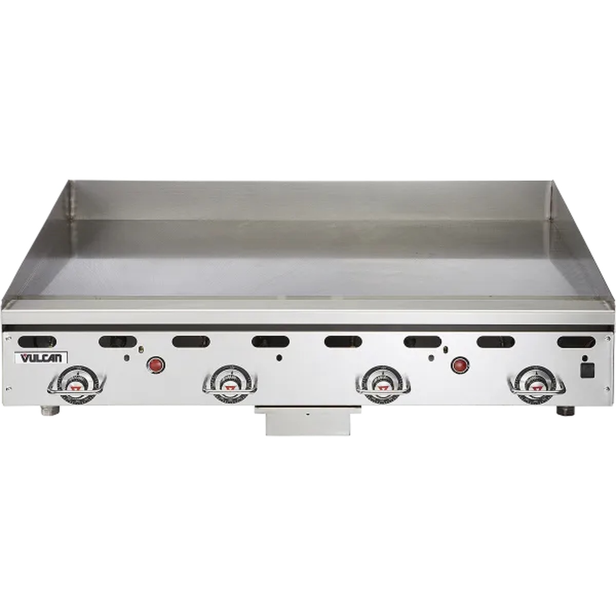 Vulcan MSA48-LP 48-inch countertop gas griddle, front view showing four thermostatic control knobs and stainless steel body