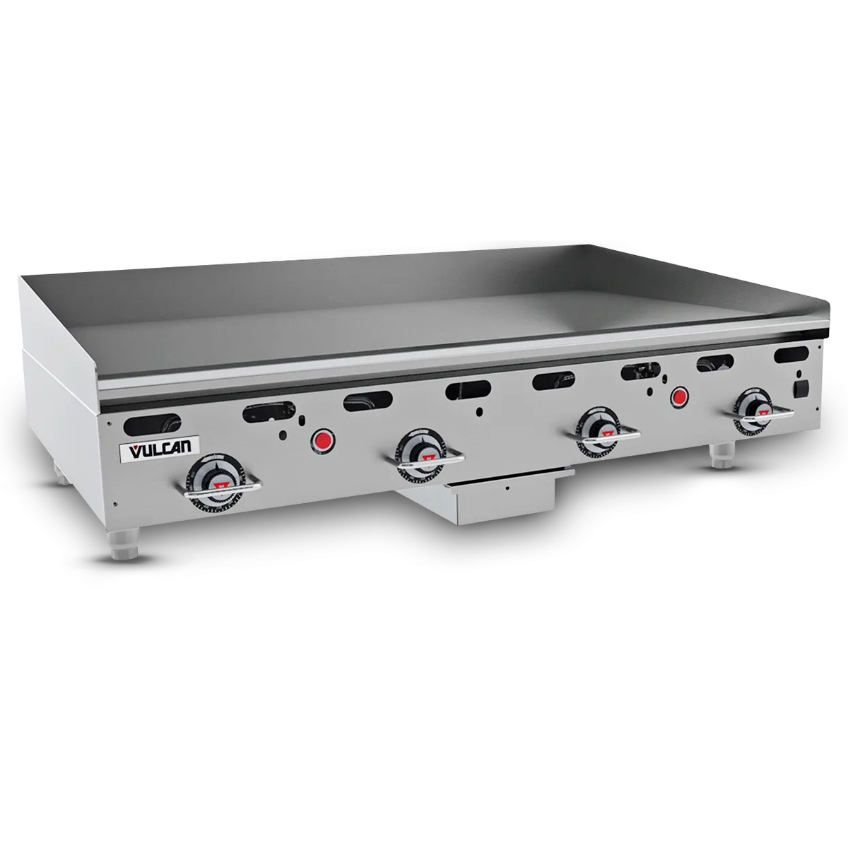 Vulcan MSA48-LP 48-inch countertop gas griddle, angled three-quarter view showing smooth steel cooking surface and adjustable legs