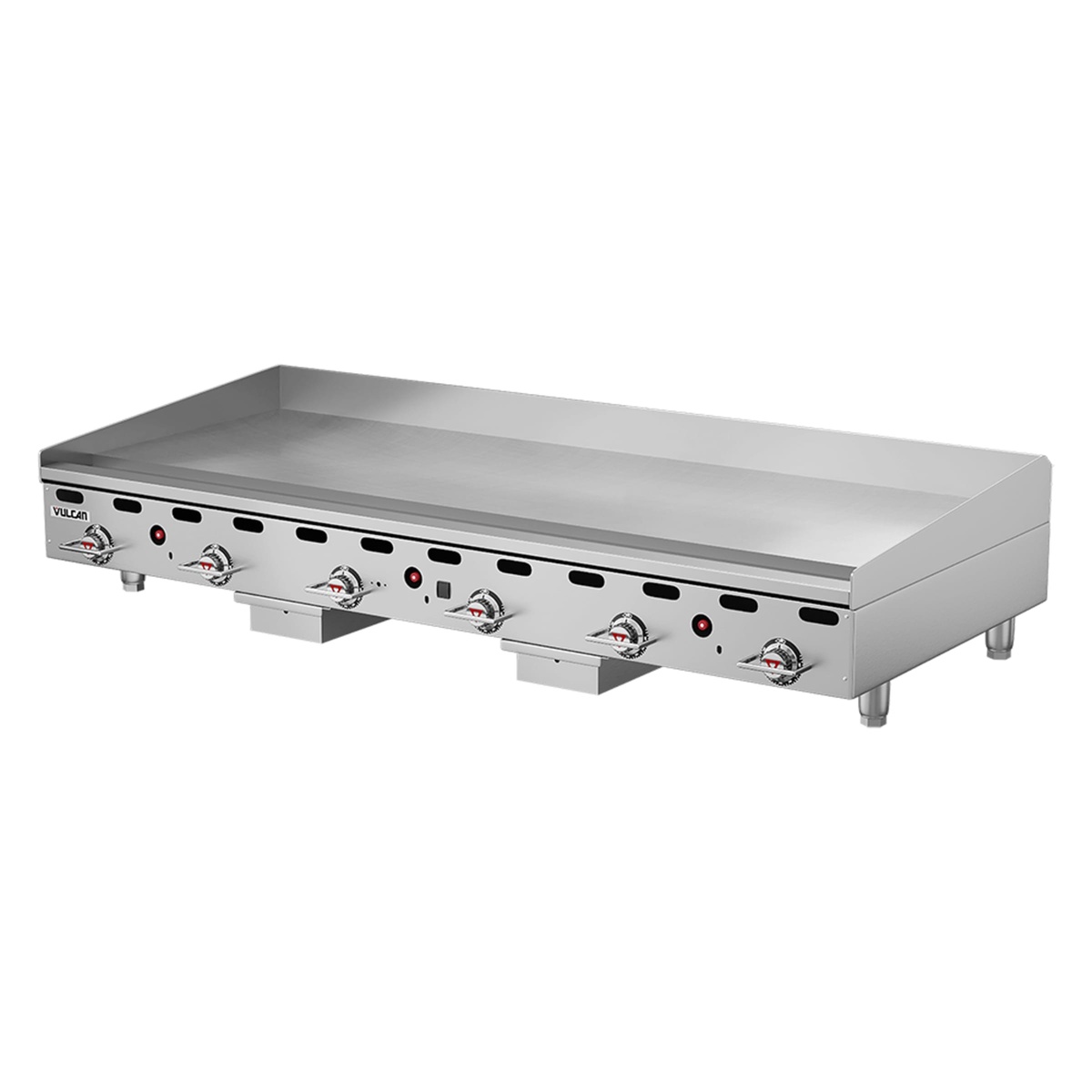Vulcan MSA72 griddle three-quarter view showing control knobs and grease drawer openings