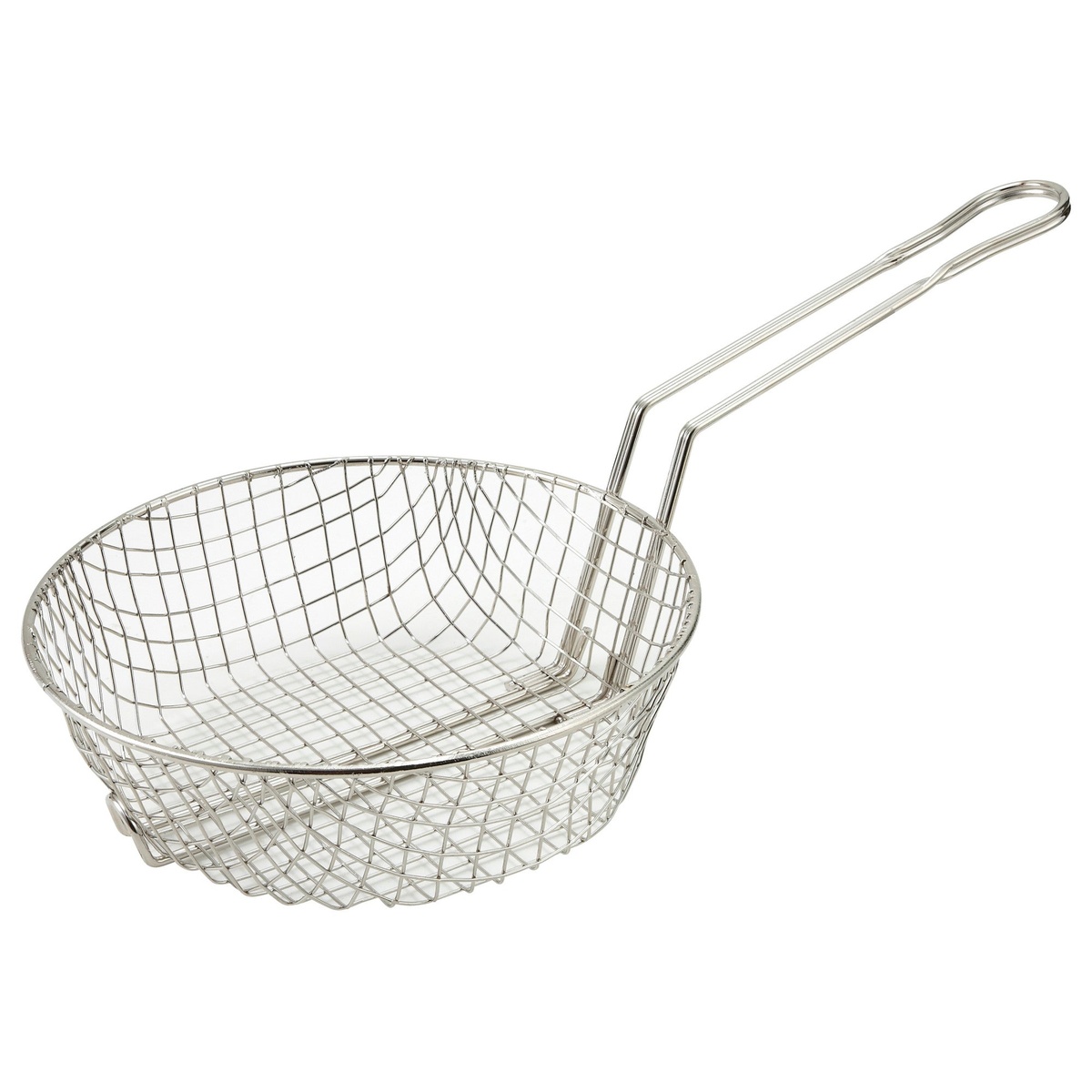 Winco MSB-10 round nickel plated coarse mesh culinary basket with wire handle on white background
