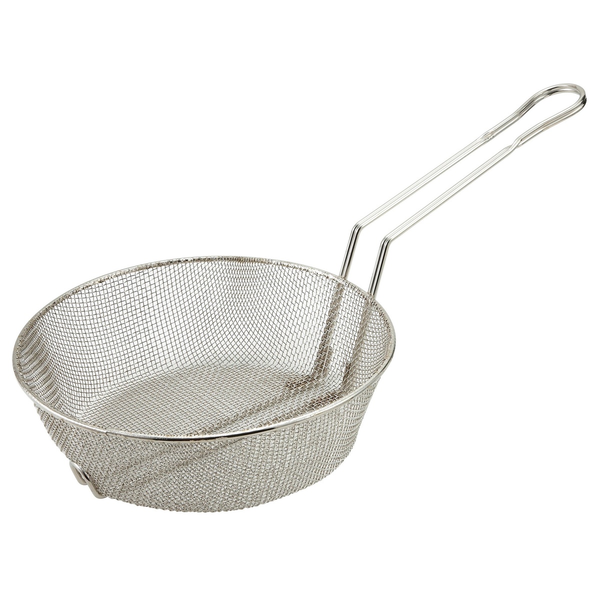Winco MSB-12F 12-inch round fine mesh nickel-plated culinary basket with wire-reinforced base and long metal handle
