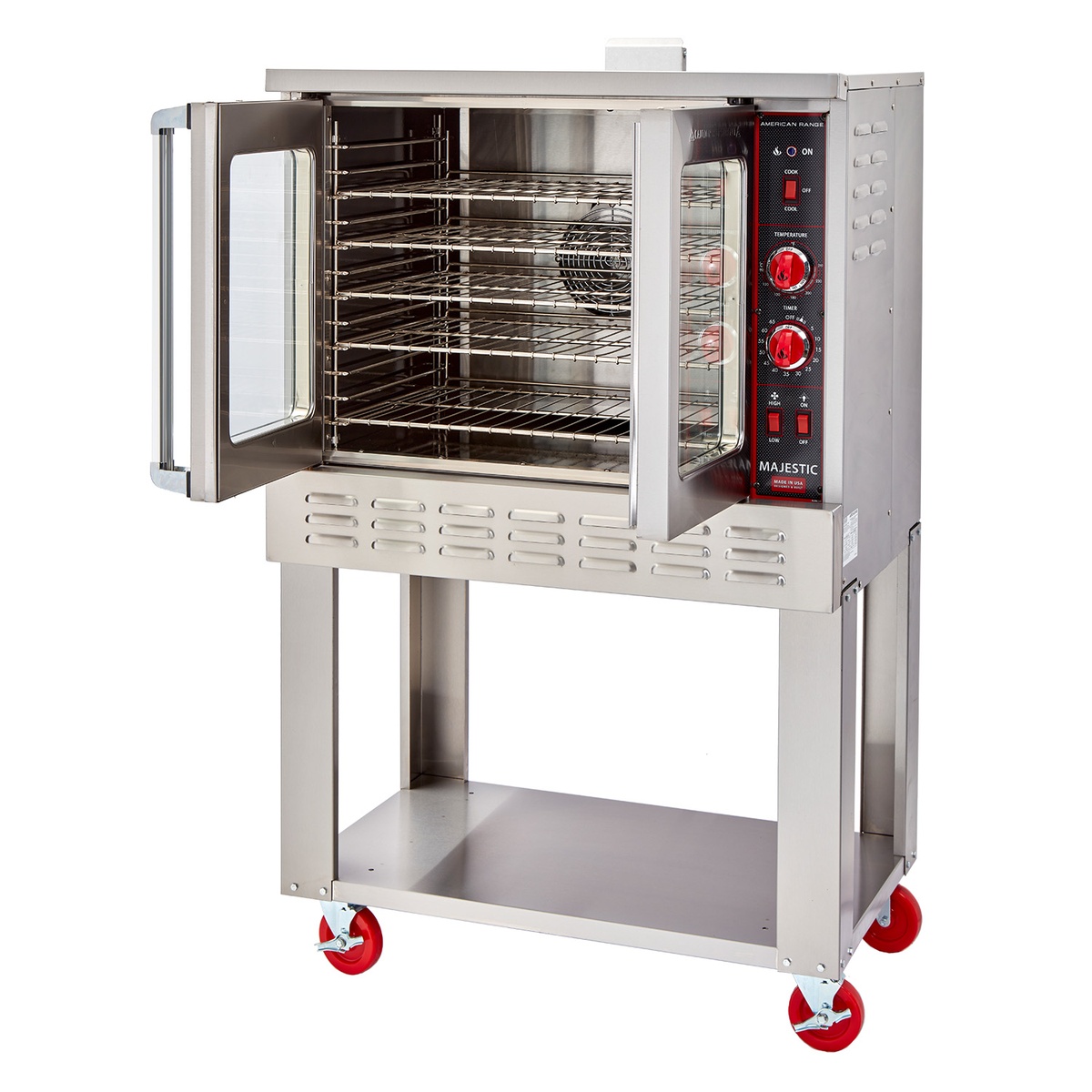 Majestic MSD-1GG oven with door open showing porcelainized interior, rack guides, and chrome racks