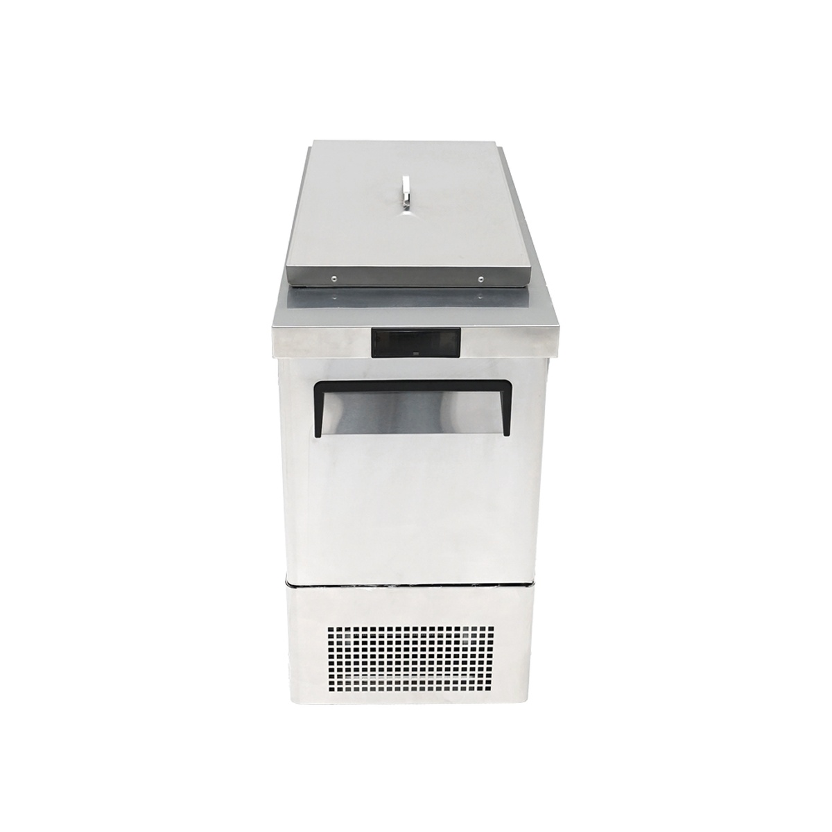 Atosa MSF17GR-NTCV sandwich prep table side profile with stainless steel night cover closed over the top pan rail