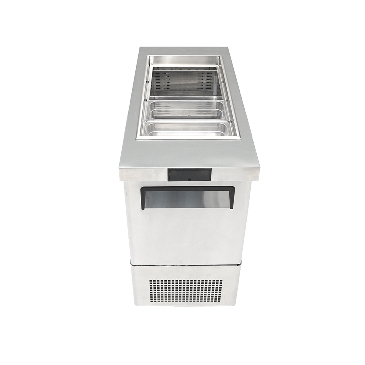 Atosa MSF17GR-NTCV sandwich prep table angled top view showing stainless steel pan liner with standard pans inserted