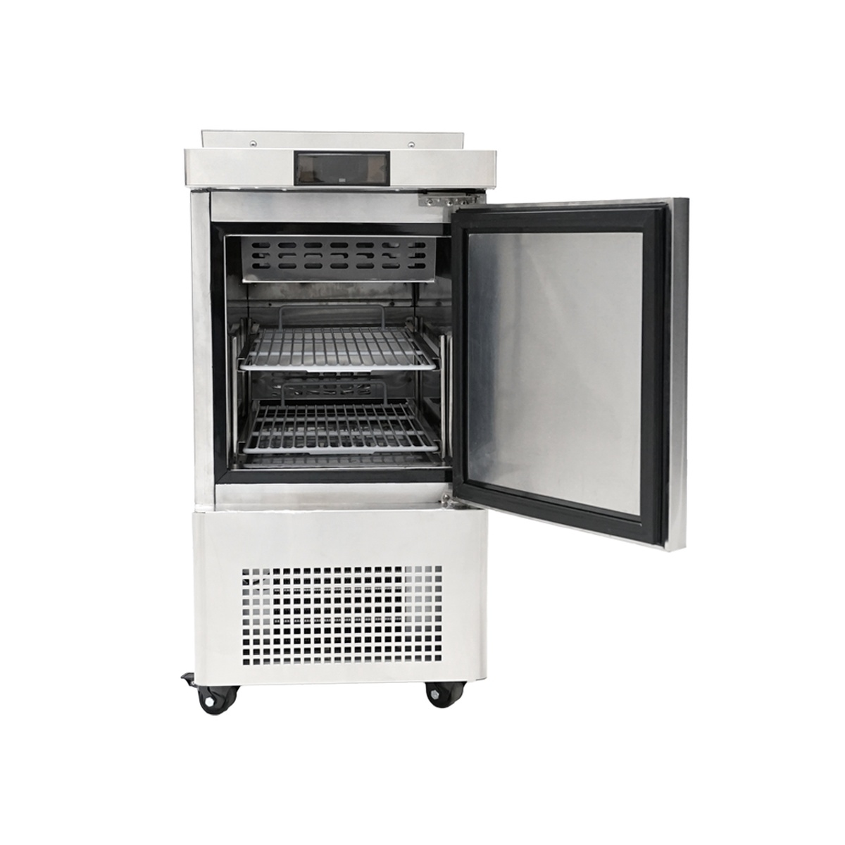 Atosa MSF17GR-NTCV sandwich prep table with door open showing two pre-installed interior shelves and bottom-mount compressor grille