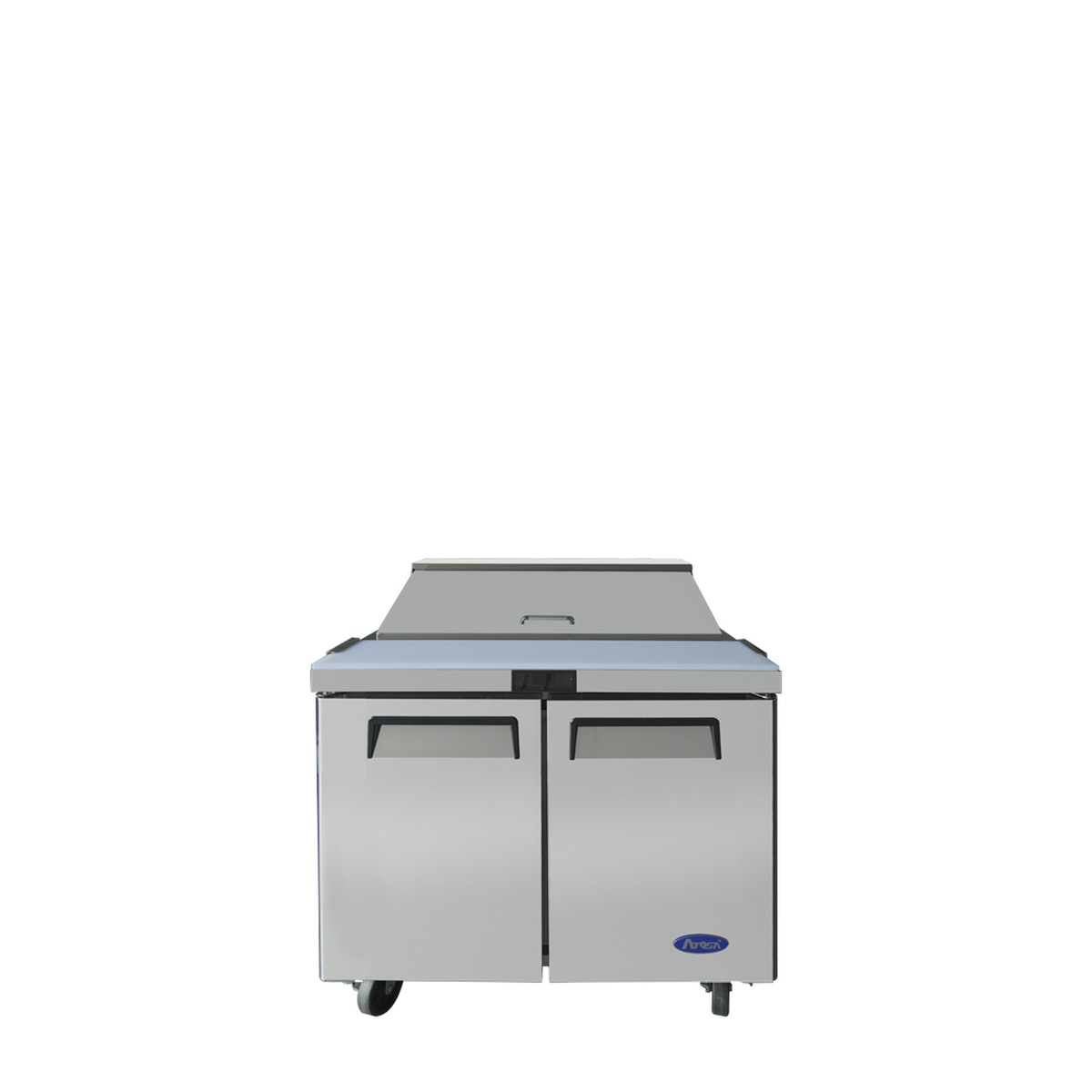 Atosa MSF3610GR 36-inch two-door stainless steel sandwich prep table with insulated lid and casters, front view