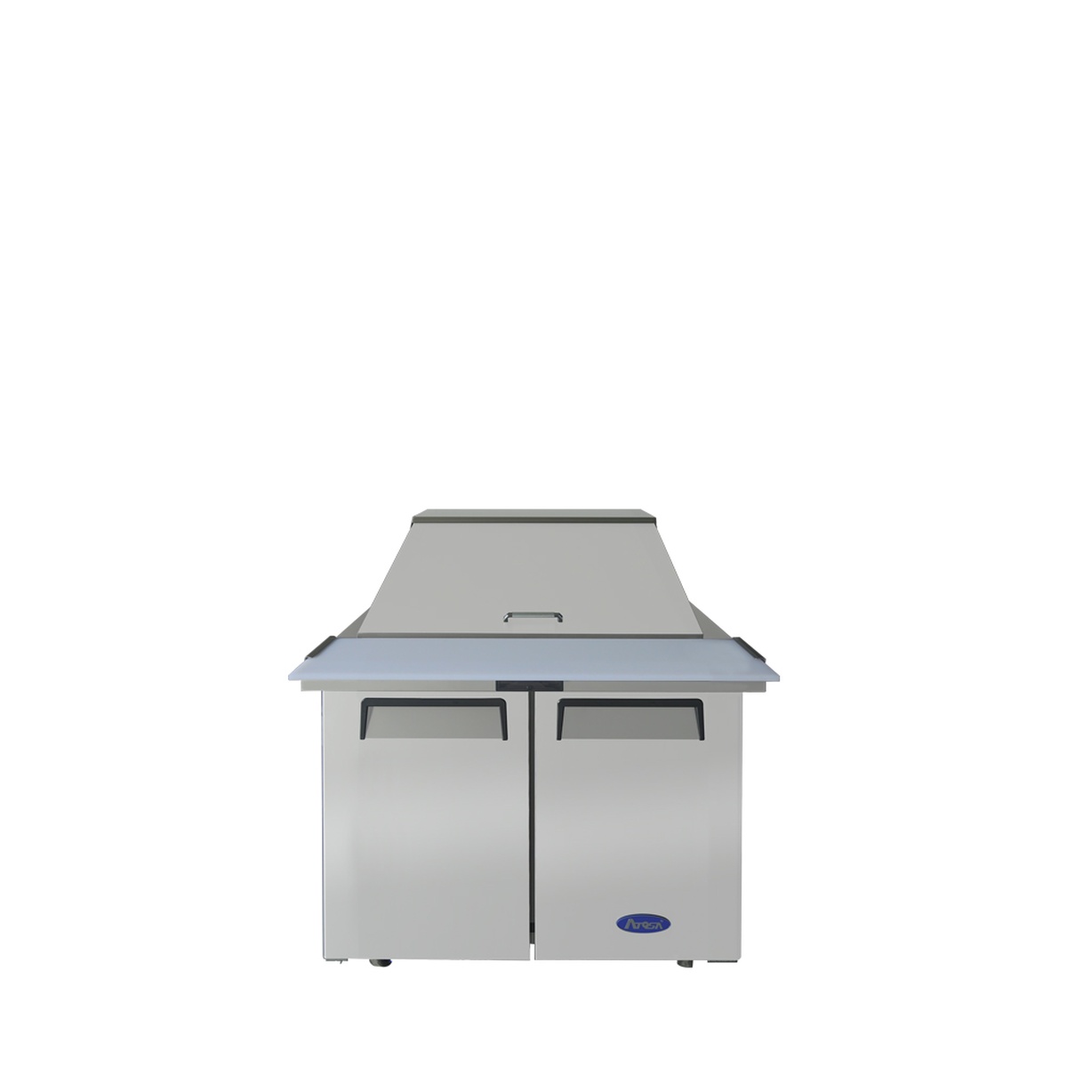 Atosa MSF3615GR 36-inch two-door mega top sandwich prep table, stainless steel exterior with recessed door handles and casters
