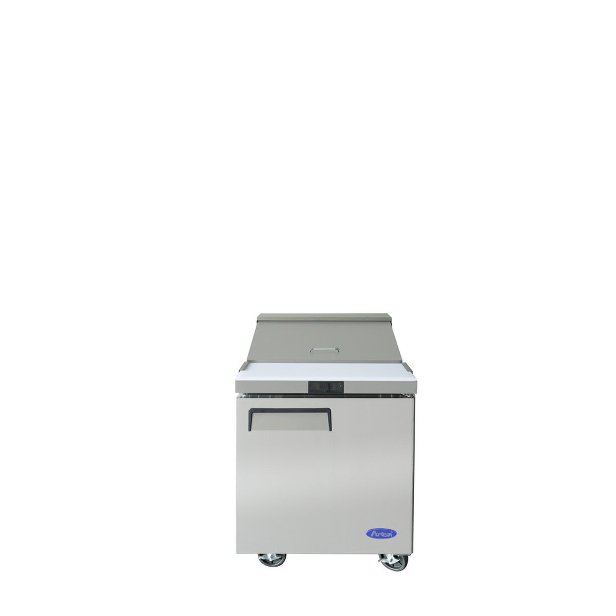 Atosa MSF8301GR sandwich prep table front view with stainless steel finish, closed lid, and electronic temperature controller display