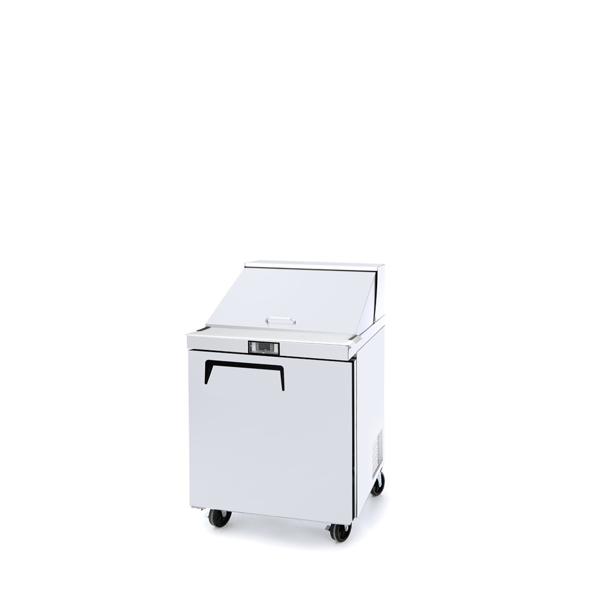 Atosa MSF8301GR sandwich prep table shown at a three-quarter angle with lid closed and casters visible