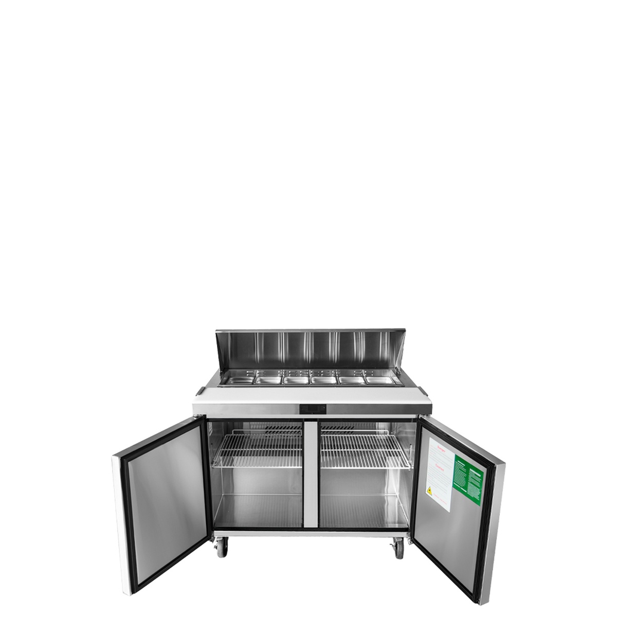 Atosa MSF8302GR sandwich prep table with both doors open, showing interior shelving and installed poly pans