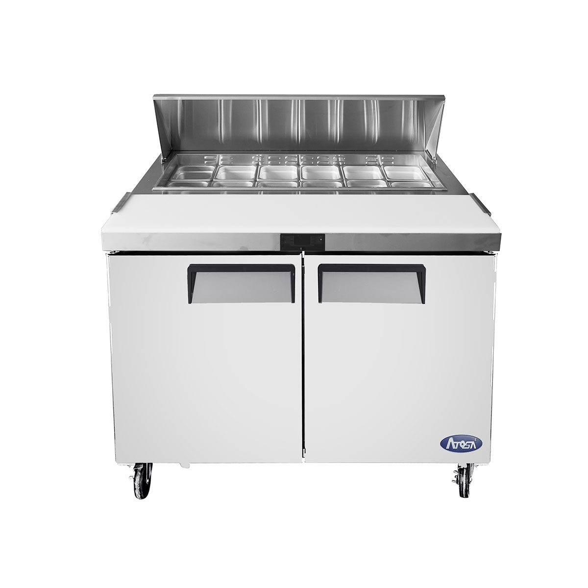 Atosa MSF8302GR sandwich prep table with top lid open showing 12 installed poly pans