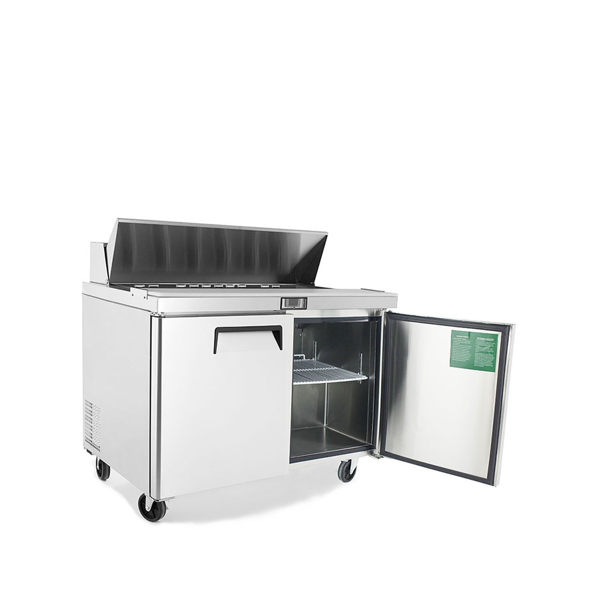 Atosa MSF8302GR sandwich prep table angled view with one door open revealing interior shelf and rear compressor area