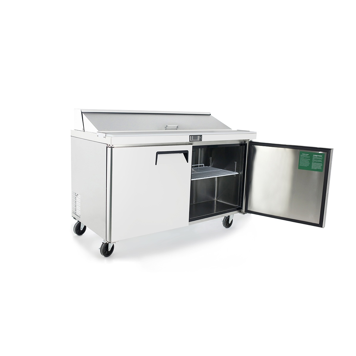 Atosa MSF8303GR three-quarter view with right door open revealing stainless steel interior and adjustable shelf