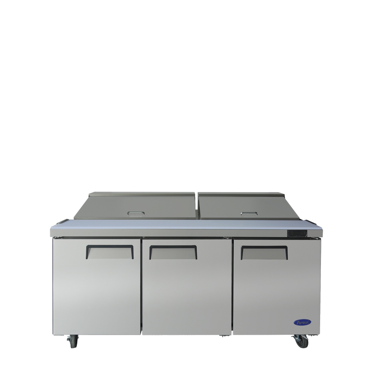 Atosa MSF8304GR 72-inch three-door sandwich prep table front view with pan covers closed on white background