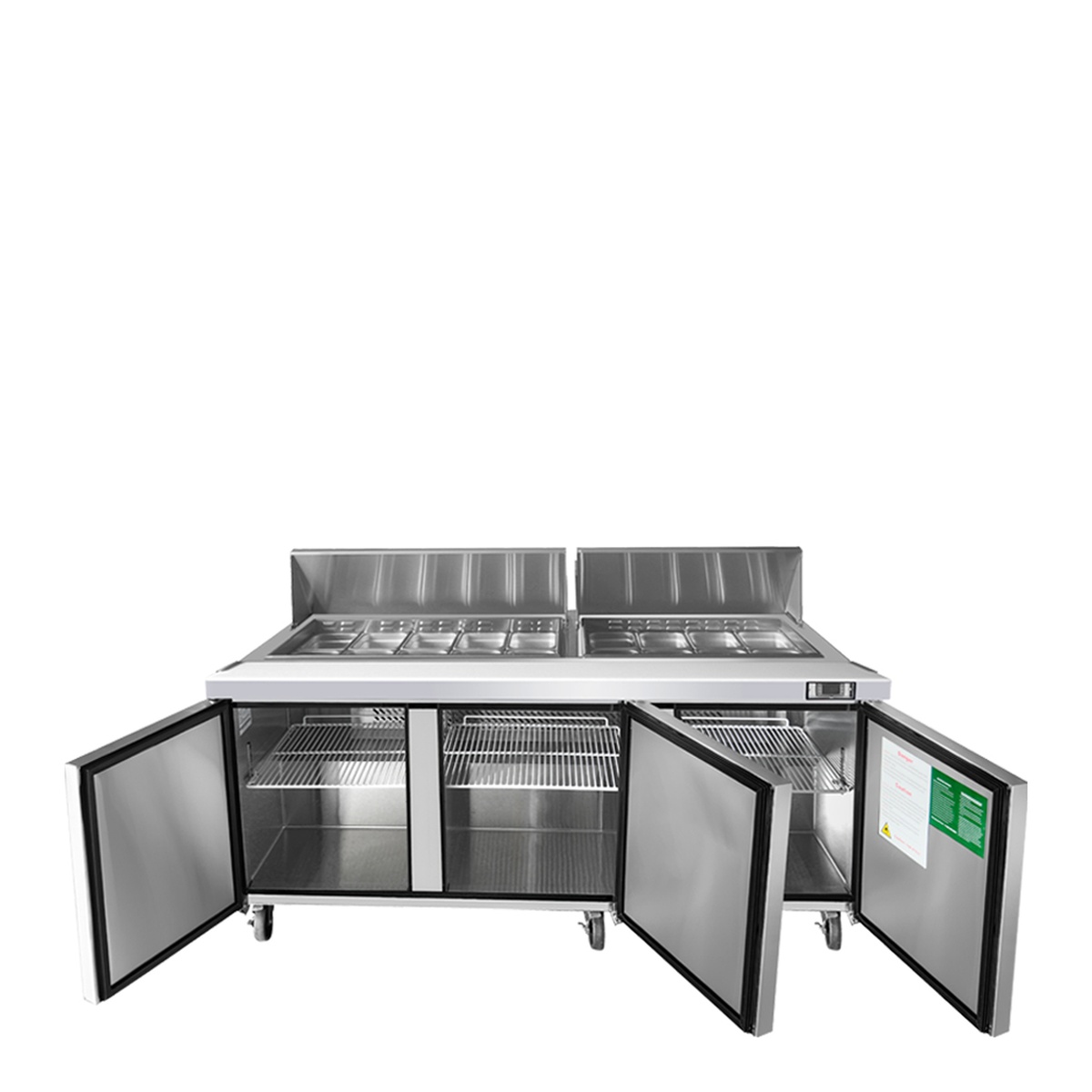 Atosa MSF8304GR 72-inch sandwich prep table with all three doors and pan covers open showing stainless steel interior and wire shelving