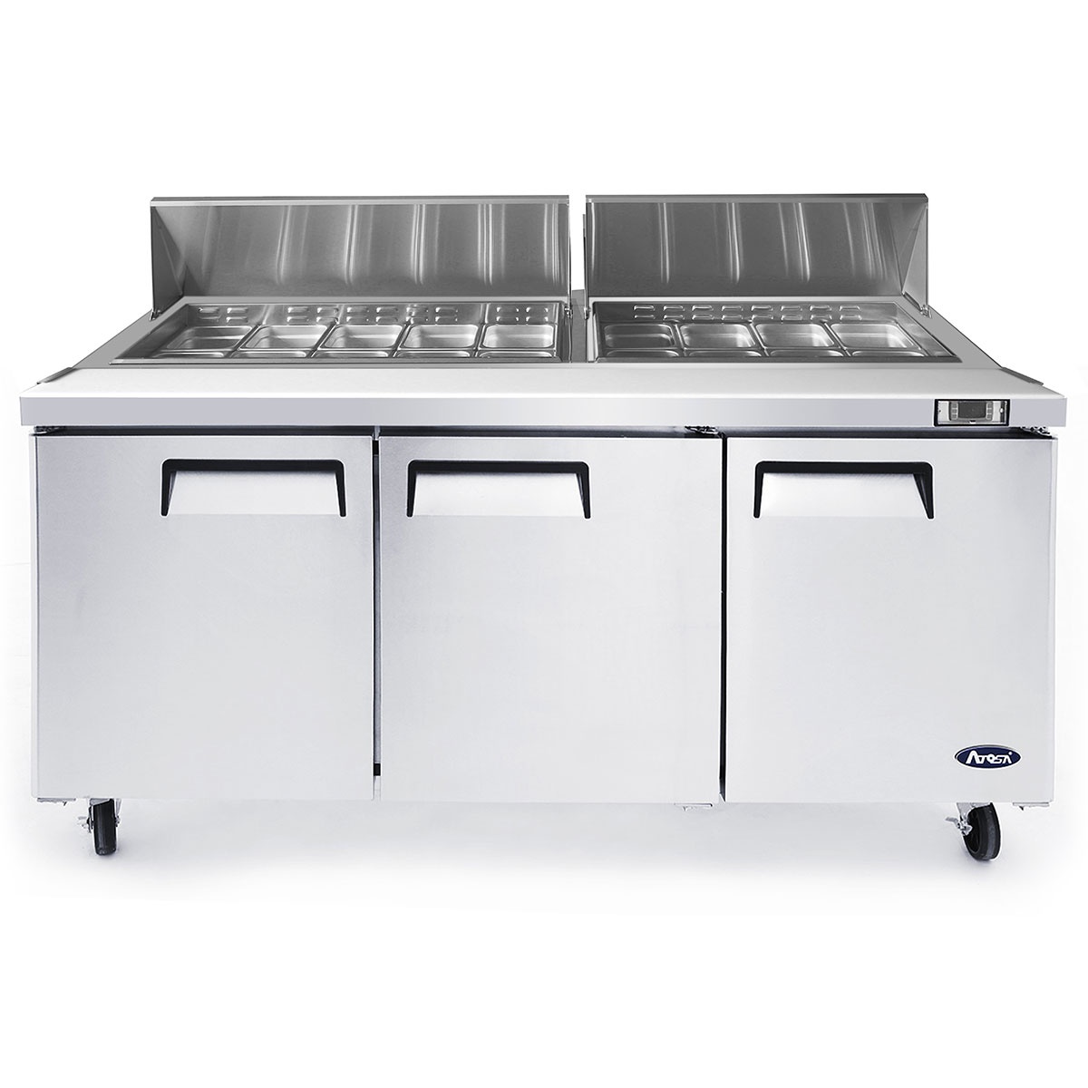 Atosa MSF8304GR 72-inch sandwich prep table front view with pan lids open showing stainless steel food pans
