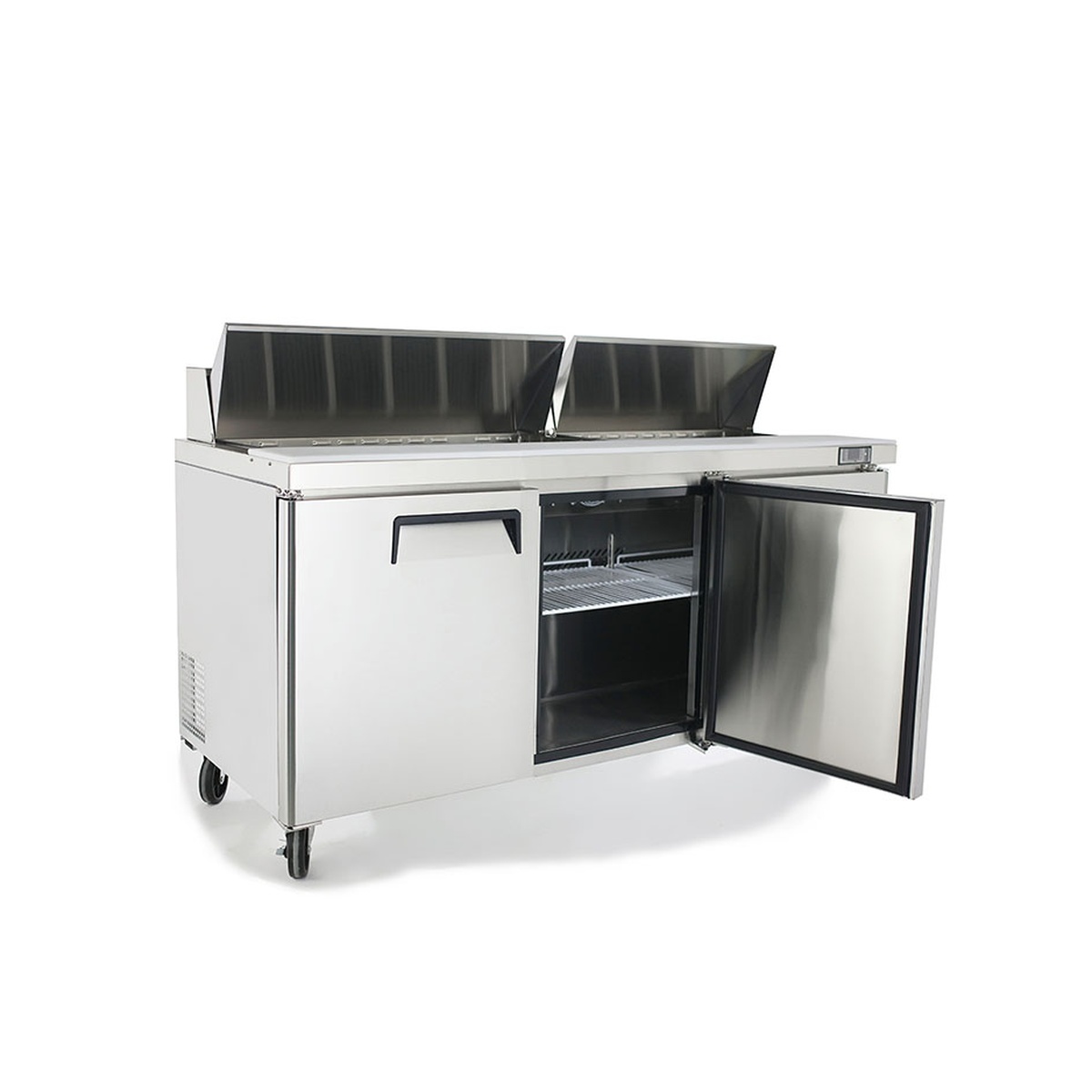 Atosa MSF8304GR sandwich prep table angled view with doors open revealing interior shelf and pan rail