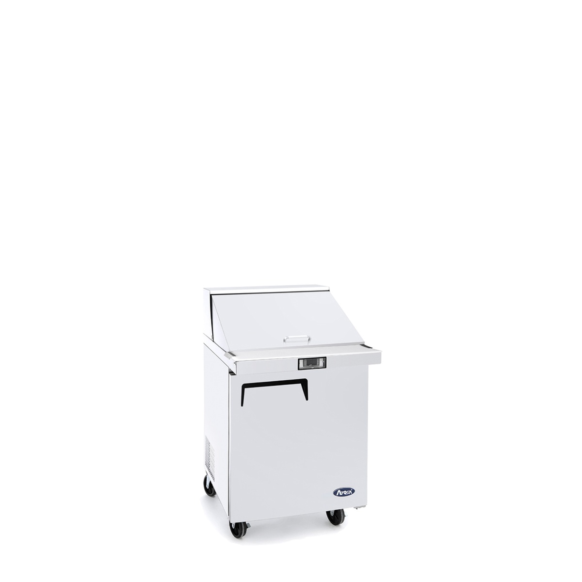 Angled view of Atosa MSF8305GR mega top sandwich prep table with closed door and casters