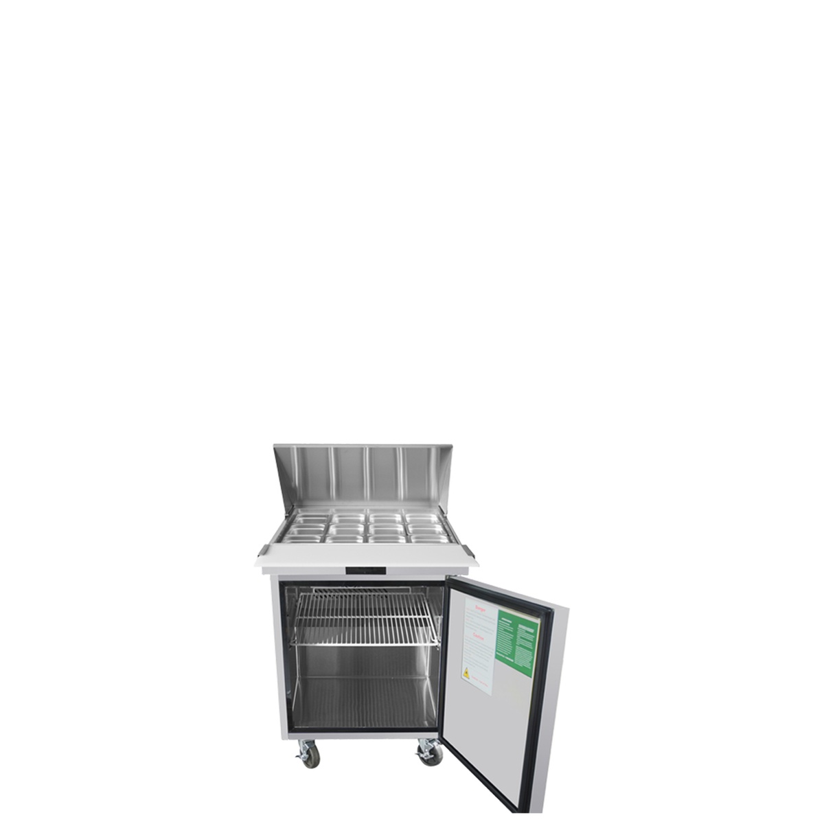Atosa MSF8305GR open door showing interior refrigerated storage shelf and pan rail