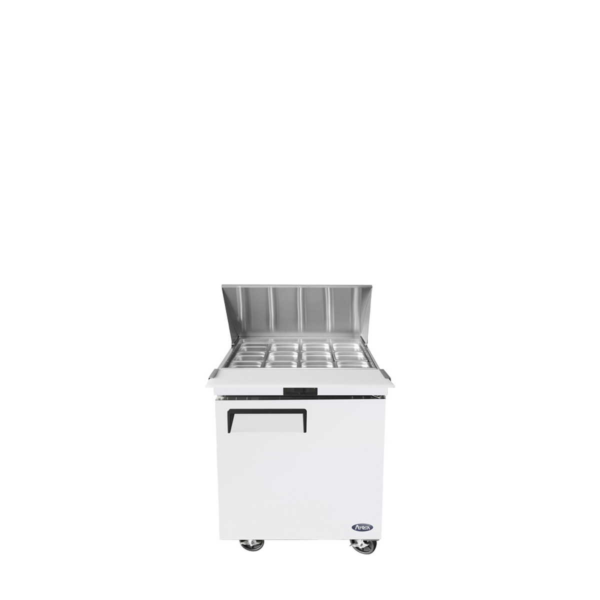 Atosa MSF8305GR mega top prep table showing open pan rail area with lid raised