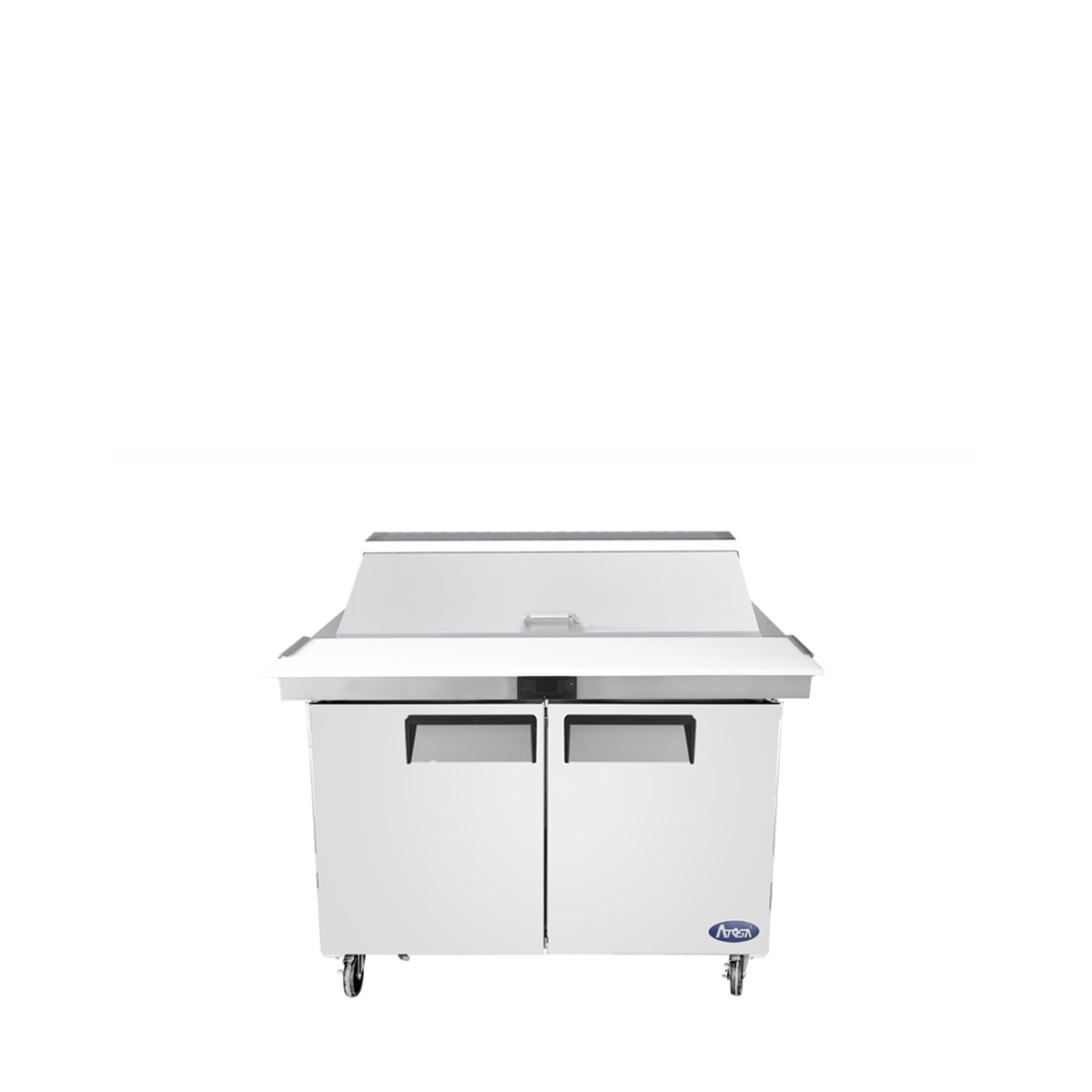 Angled view of Atosa MSF8306GR refrigerated mega top sandwich prep table on casters